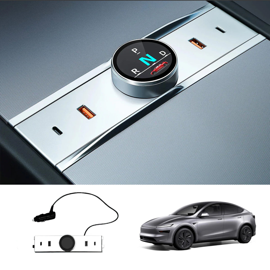 Tesla Model Y Juniper 2025+ Smart Rotating Gear Shift Dock USB Hub Multi-Port Fast Charging Station